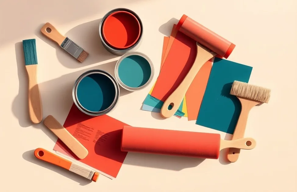 Pots de peinture, nuancier, brosses et rouleaux disposés à plat