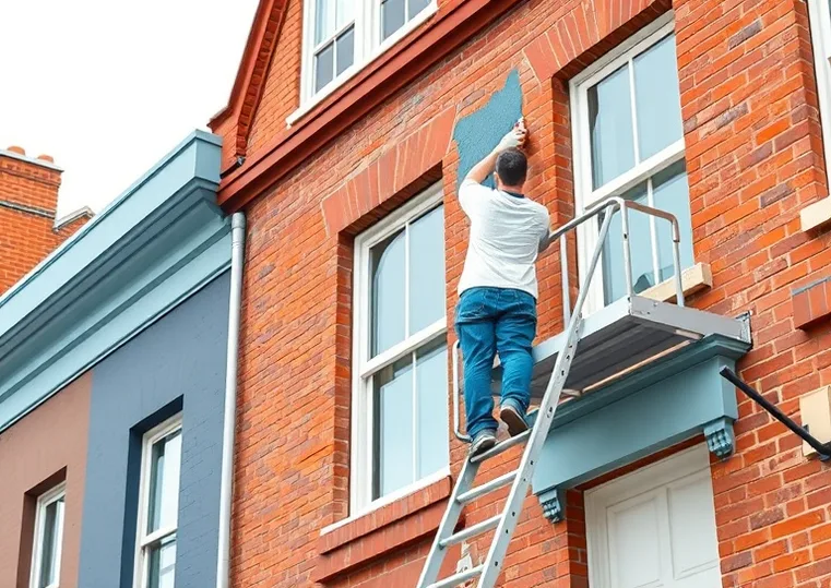 Peintre sur échafaudage traitant la façade d'une maison