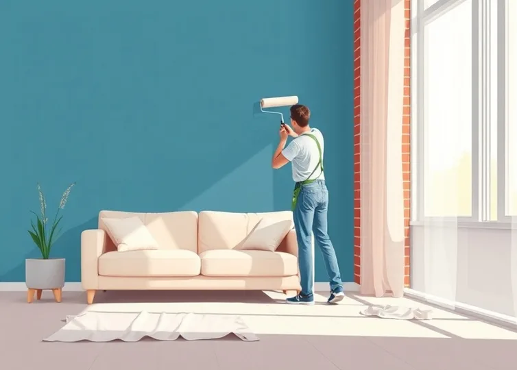 Peintre appliquant la peinture au rouleau sur un mur de salon